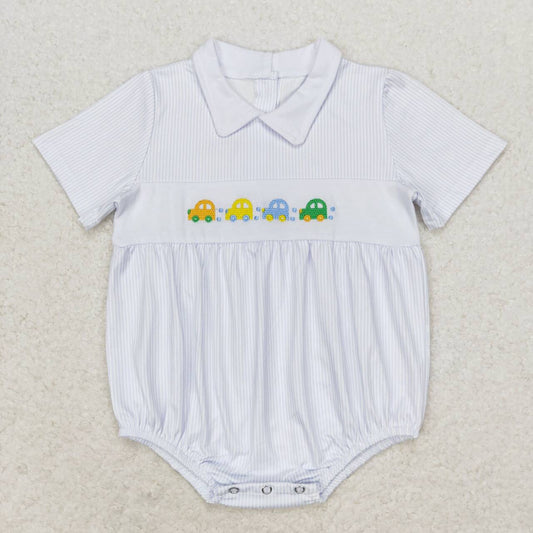 SR1077 Car Embroidery Stripes Print Baby Boys Summer Romper