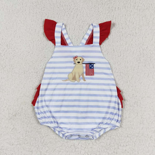 SR1081 Dog Flag Embroidery Stripes Baby Girls 4th of July Bubble Romper