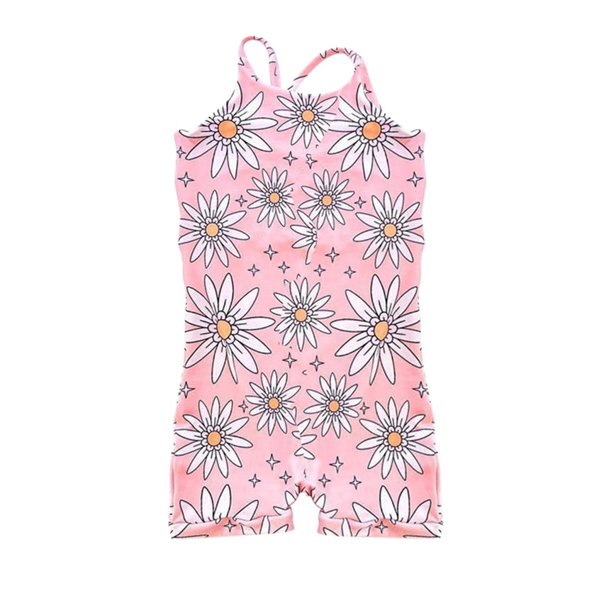 (Pre-order)SR1082 Pink Flowers Print Baby Girls Summer Romper