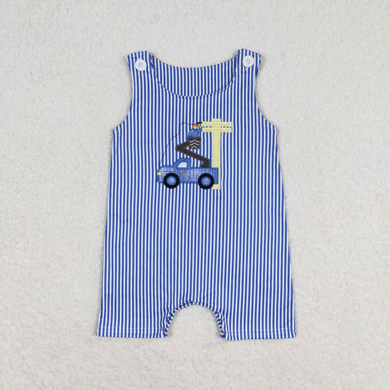 SR1102 Worker Embroidery Blue Stripes Print Baby Boys Summer Romper