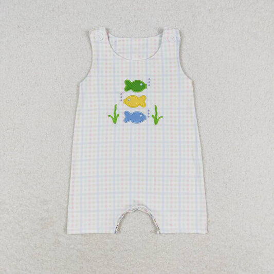 SR1121 Fish Embroidery Plaid Print Baby Boys Summer Romper