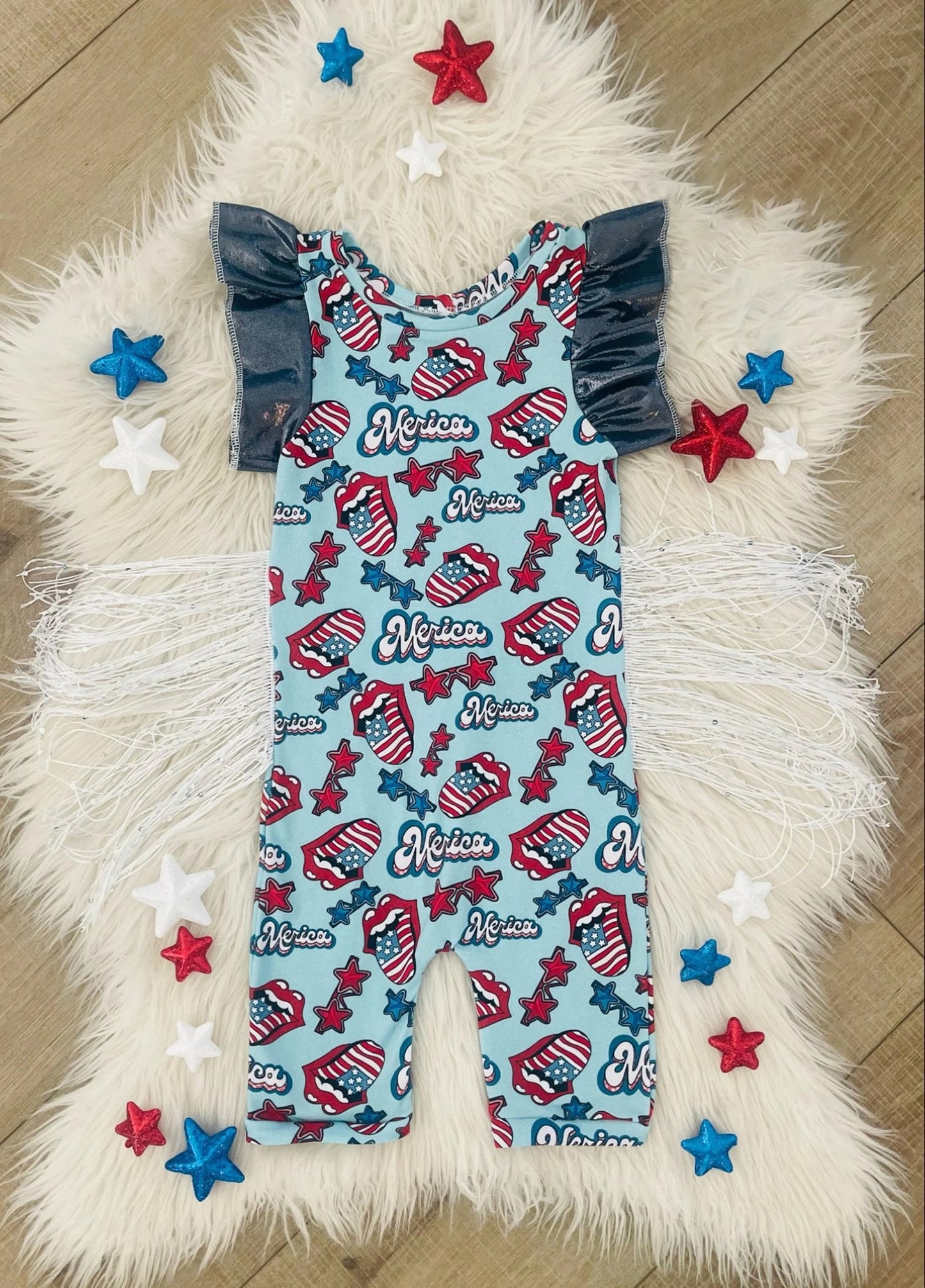 (Pre-order)SR1122 Flags Print Baby Girls Tassels 4th of July Romper