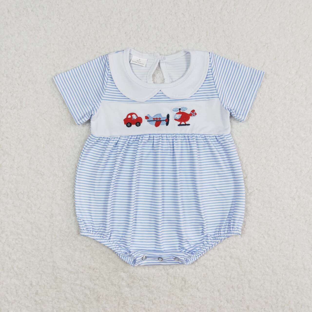 SR1152 Car Plane Embroidery Blue Stripes Baby Boys Summer Romper