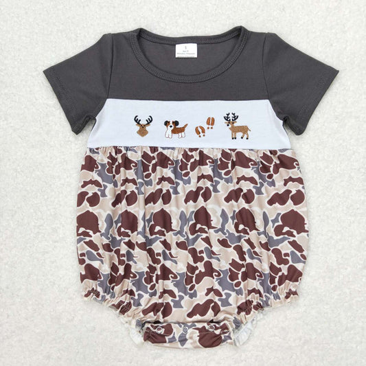 SR1243 Deer Dog Embroidery Camo Print Baby Summer Romper