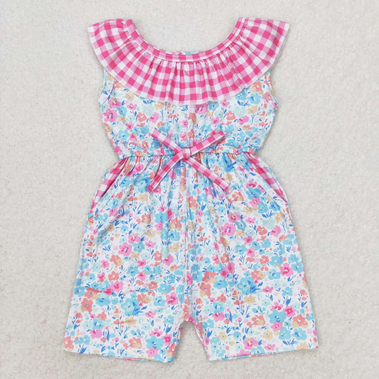 Flowers Print Girls Neck Summer Pockets Jumpsuits Sisters Wear