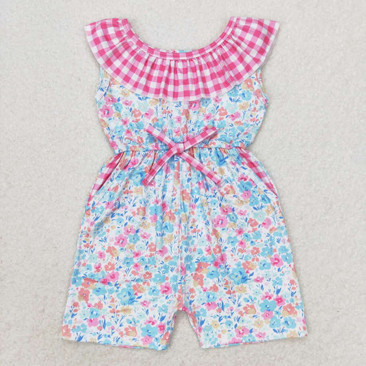 SR1244 Pink Flowers Print Pockets Baby Girls Summer Jumpsuit