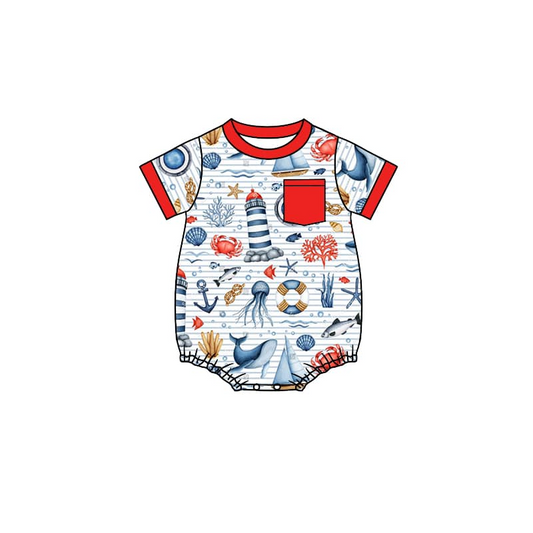 (Pre-order)SR1303 Sea Boats Print Baby Boys Summer Romper