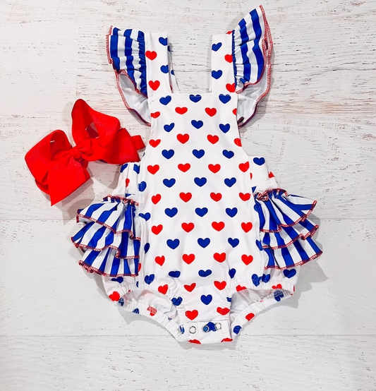 (Pre-order)SR1319 Red Blue Heart Print Baby Girls 4th of July Bubble Romper