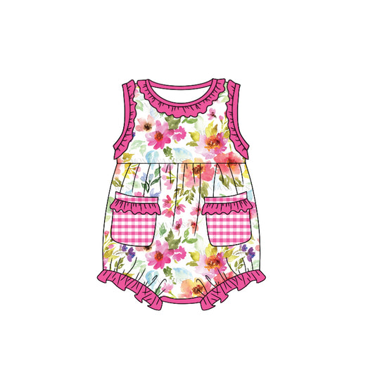 (Pre-order)SR1334  Hot Pink Flowers Print Baby Girls Summer Romper