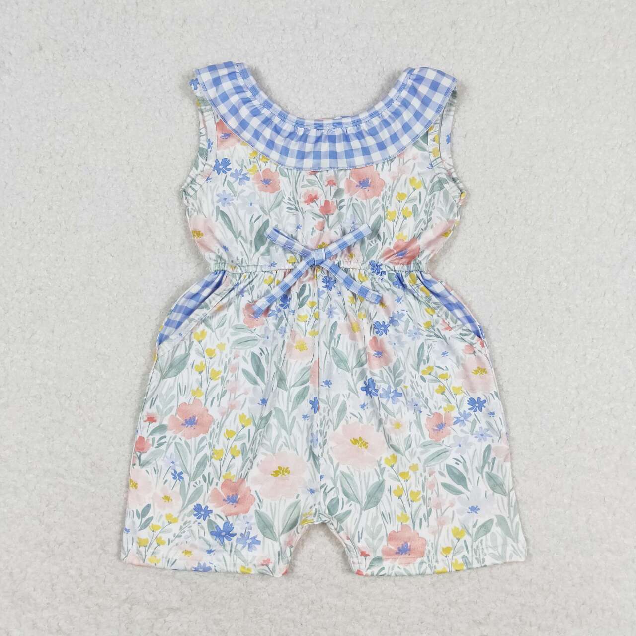 Flowers Print Girls Neck Summer Pockets Jumpsuits Sisters Wear