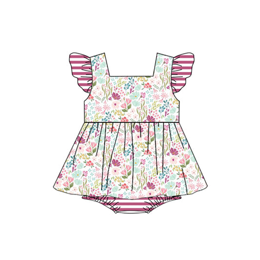 (Pre-order)SR1372  Pink Flowers Print Baby Girls Summer Ruffle Romper