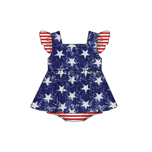 (Pre-order)SR1373  Navy Stars Print Baby Girls 4th of July Ruffle Romper