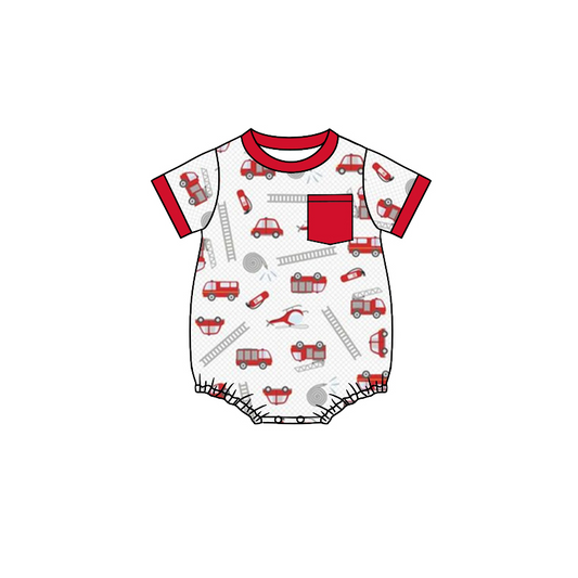 (Pre-order)SR1378  Fire Engine Print Pocket Baby Boys Summer Romper