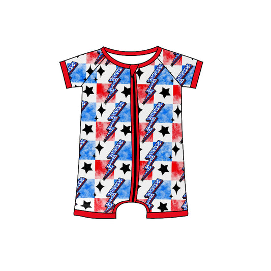 (Pre-order)SR1387  Flash Stars Red Blue Plaid Print Baby Kids 4th of July Zipper Romper