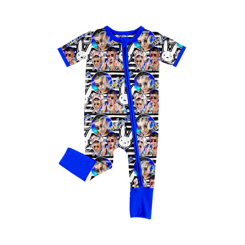(Pre-order)SR1392  Blue Singer Print Baby Girls Summer Zipper Romper