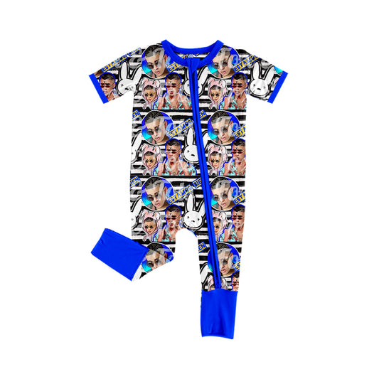(Pre-order)SR1392  Blue Singer Print Baby Girls Summer Zipper Romper