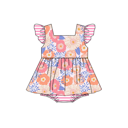 (Pre-order)SR1397  Pink Flowers Print Baby Girls Summer Romper