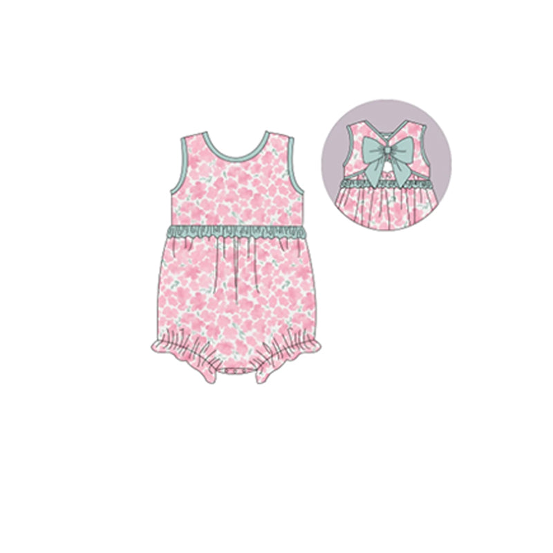 (Pre-order)SR1418  Pink Flowers Print Baby Girls Summer Romper