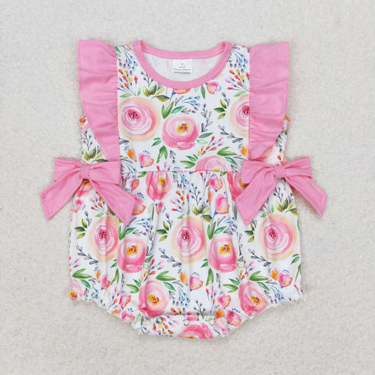 SR1420  Pink Flowers Print Baby Girls Summer Romper