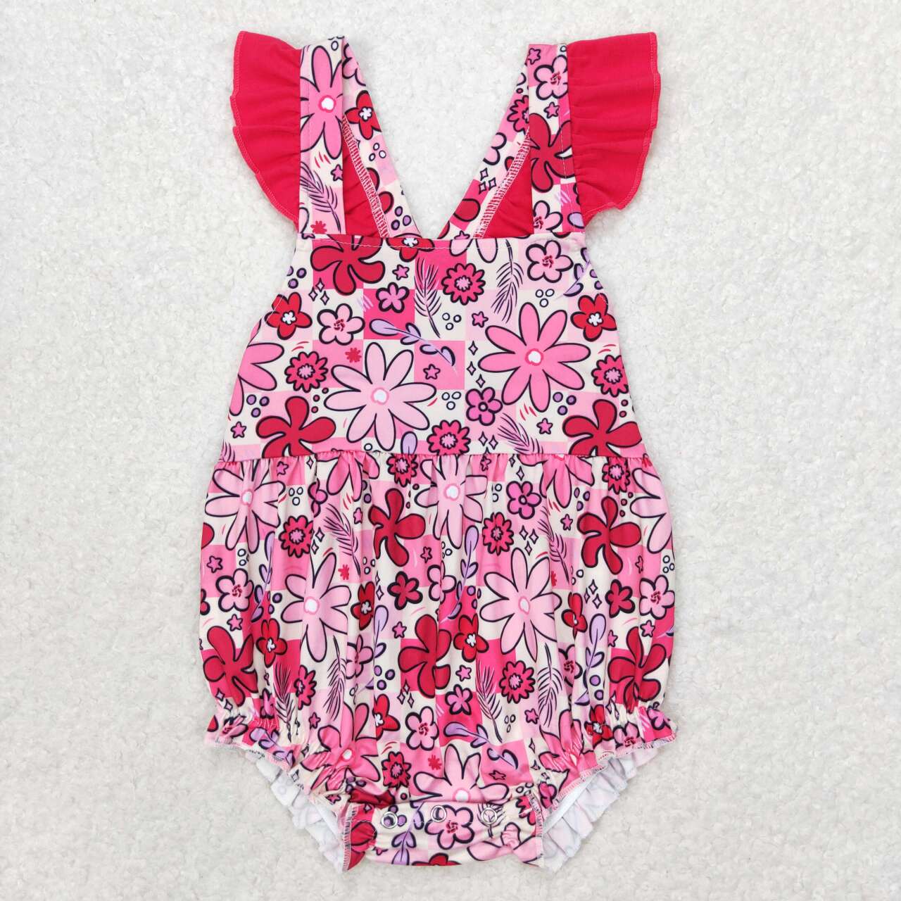 SR1423  Hotpink Flowers Print Baby Girls Summer Romper