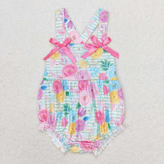 SR1424  Colorful Flowers Print Baby Girls Summer Romper