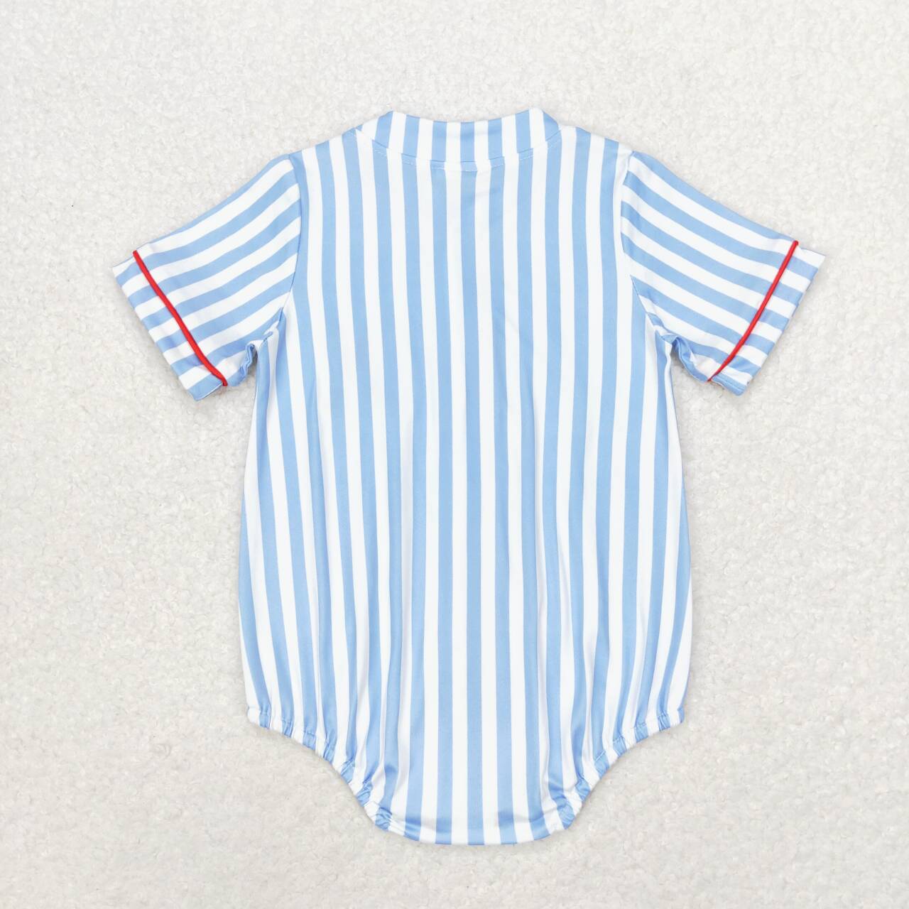 SR1459  Baseball Embroidery Blue Stripes Print Baby Boys Summer Romper