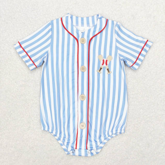 SR1459  Baseball Embroidery Blue Stripes Print Baby Boys Summer Romper