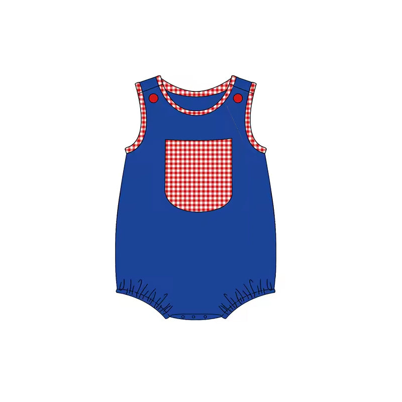 (Pre-order)SR1463  Blue Red Plaid Print Pocket Baby Boys 4th of July Romper