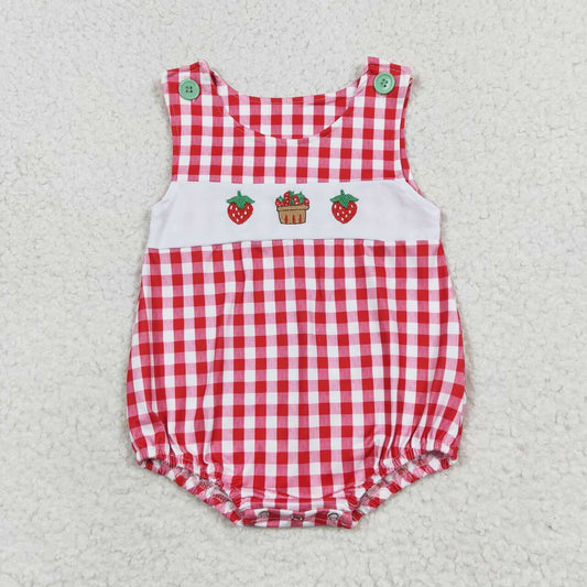 SR1468  Strawberry Embroidery Red Plaid Print Baby Boys Summer Romper