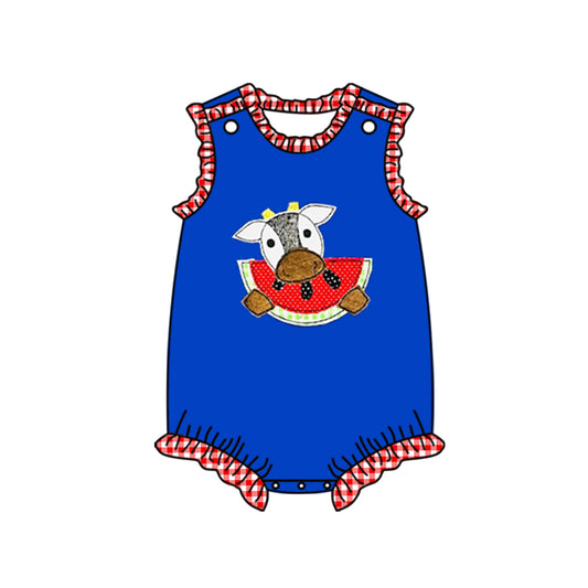 (Pre-order)SR1479  Watermelon Cow Print Baby Girls 4th of July Romper