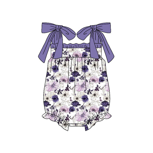 (Pre-order)SR1501  Purple Flowers Print Baby Girls Summer Romper