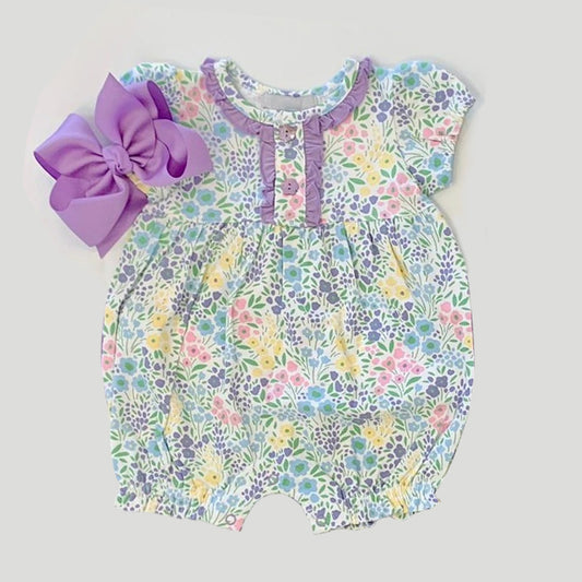 (Pre-order)SR1523  Flowers Print Baby Girls Summer Romper