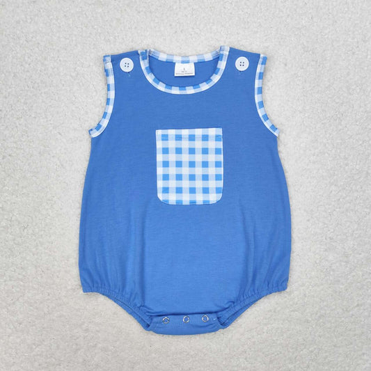 SR1537  Blue Plaid Print Pocket Baby Boys Summer Romper