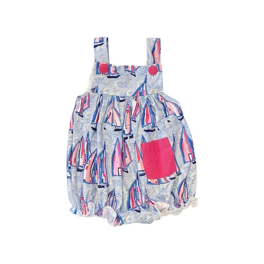 (Pre-order)SR1542  Sailboat Print Pocket Baby Girls Summer Romper