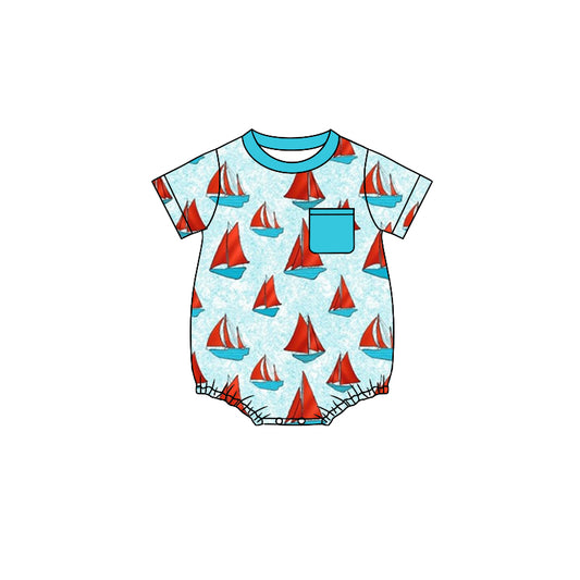 (Pre-order)SR1545  Sailboat Print Pocket Baby Boys Summer Romper