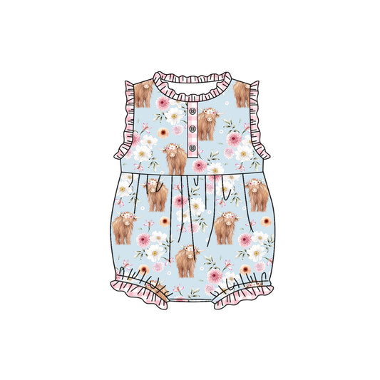 (Pre-order)SR1553  Flowers Highland Cow Print Baby Girls Summer Romper