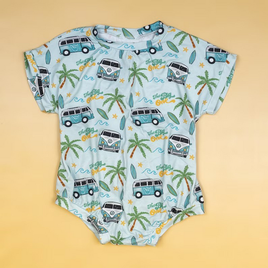 (Pre-order)SR1562  The Big One Camper Print Baby Boys Summer Seaside Romper