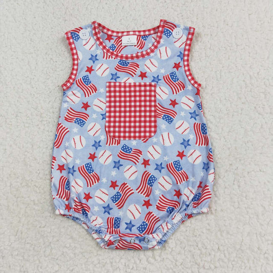 SR1563  Baseball Flags Print Baby Boys 4th of July Romper