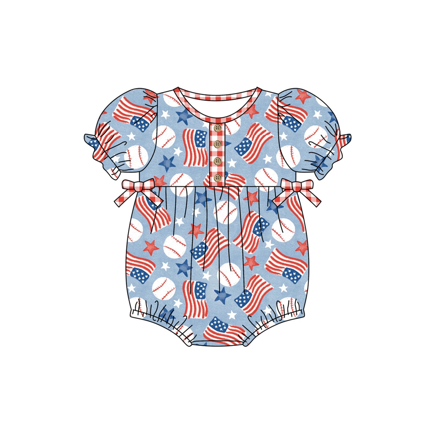 (Pre-order)SR1564  Baseball Flags Print Baby Girls 4th of July Romper