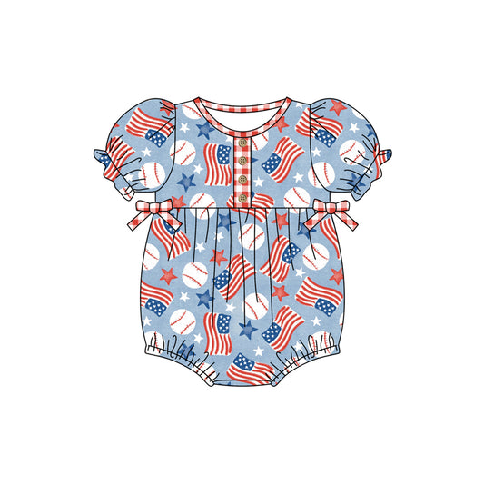 (Pre-order)SR1564  Baseball Flags Print Baby Girls 4th of July Romper