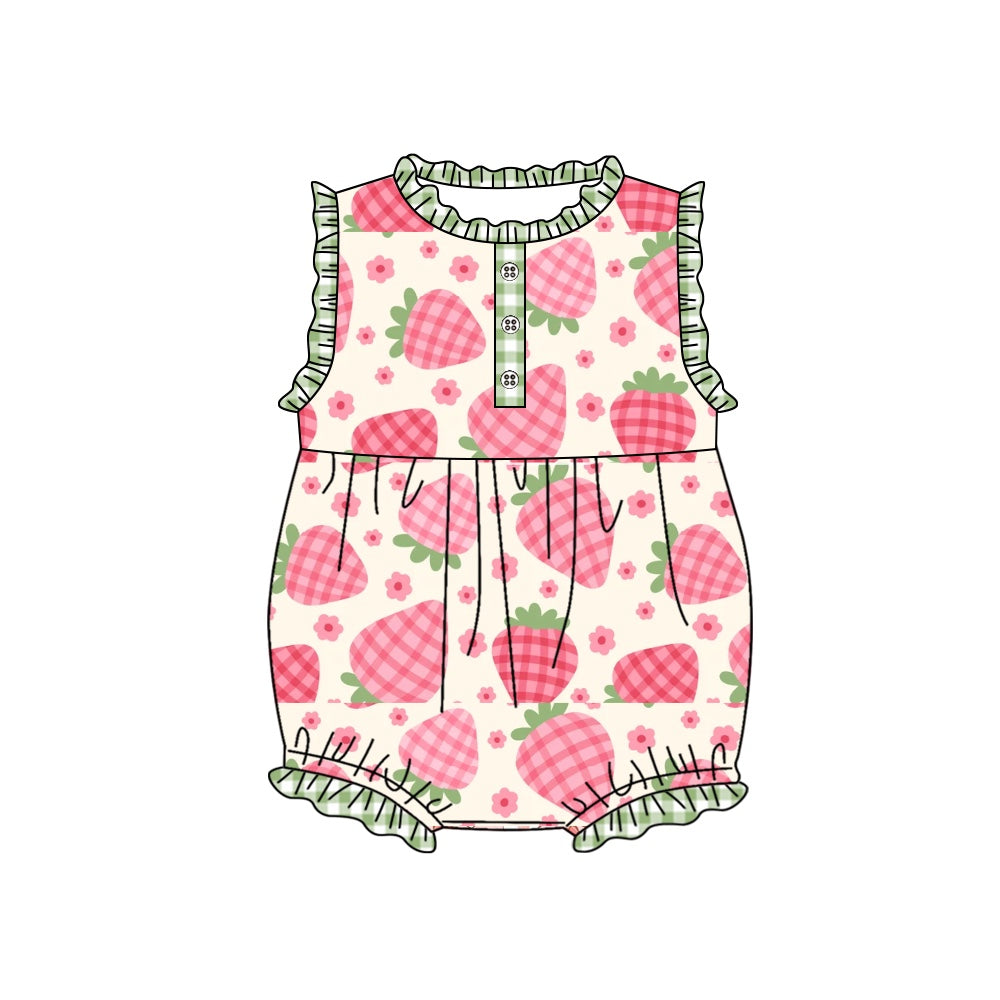 (Pre-order)SR1573  Strawberry Flowers Print Baby Girls Summer Romper