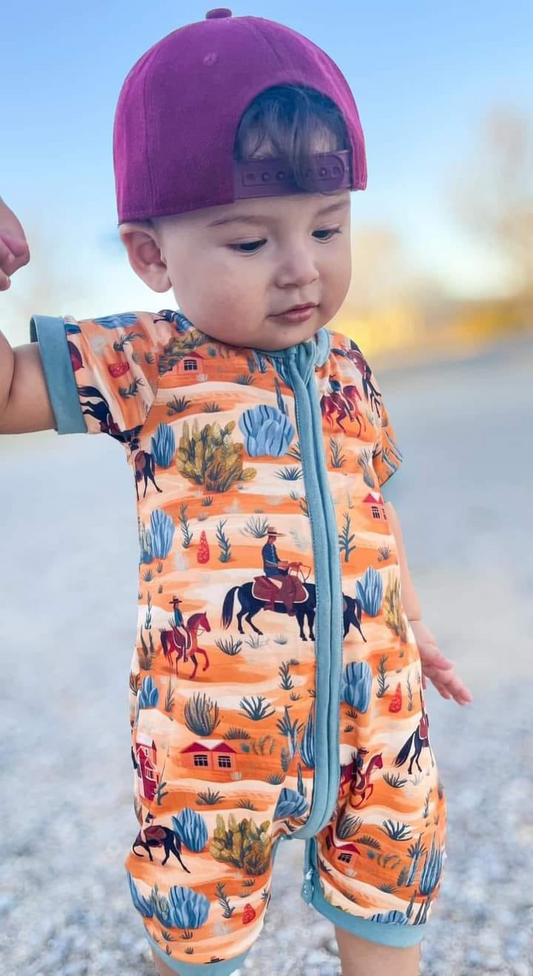 (Pre-order)SR1579 Cowboy Cactus Print Baby Boys Summer Zipper Romper