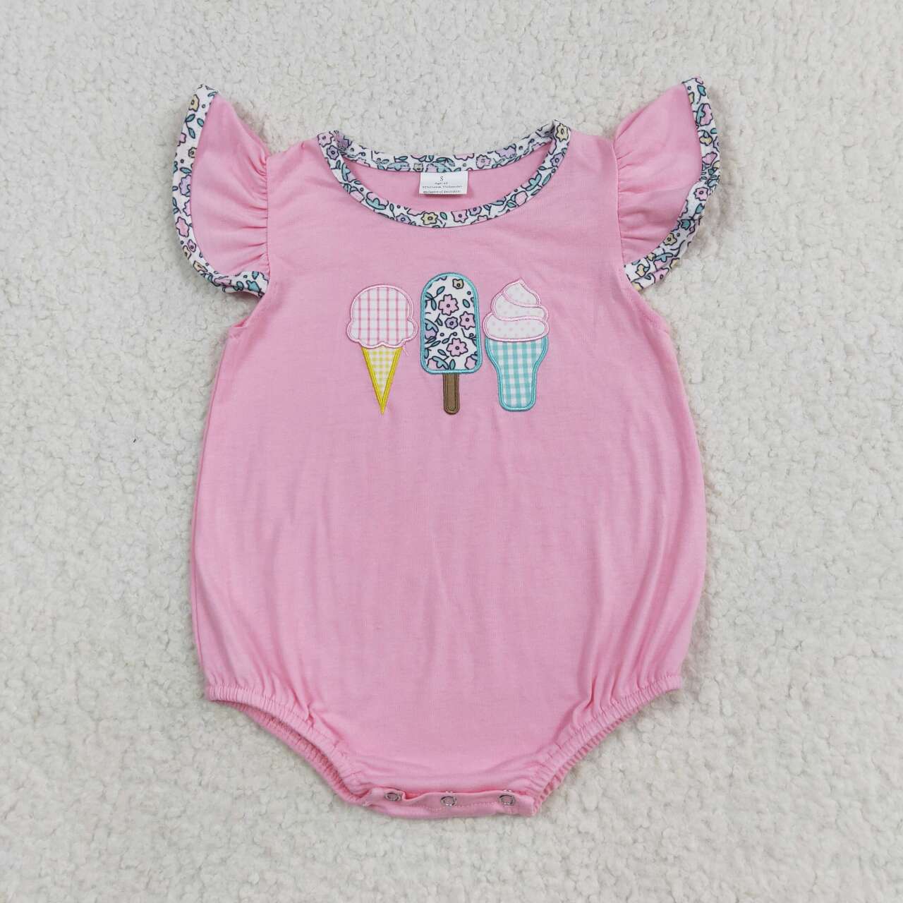 SR1598 Popsicle Embroidery Pink Color Flowers Print Baby Girls Summer Romper