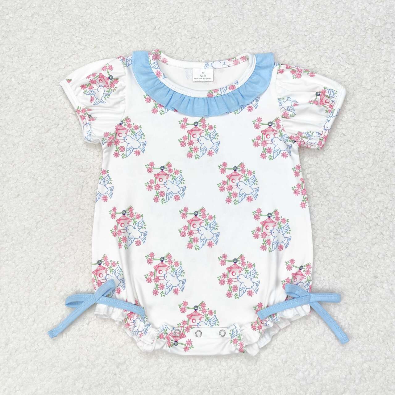 SR1627 Flowers Dove Print Baby Girls Summer Romper