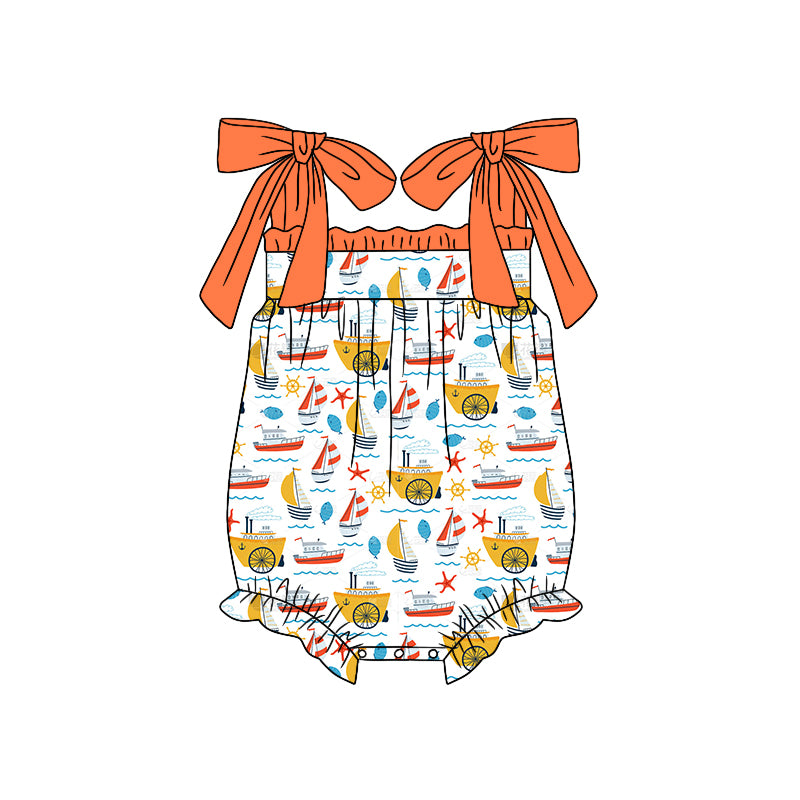 (Pre-order)SR11648  Sailboat Print Baby Girls Summer Romper