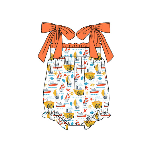 (Pre-order)SR11648  Sailboat Print Baby Girls Summer Romper