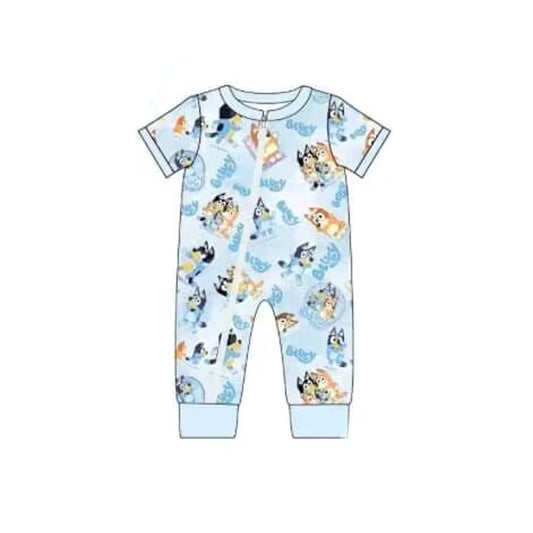 (Pre-order)SR1663  Blue Cartoon Dog Print Baby Boys Summer Zipper Romper