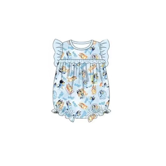 (Pre-order)SR1665  Blue Cartoon Dog Print Baby Girls Summer Romper
