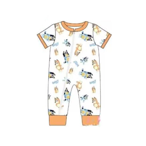 (Pre-order)SR1666  Orange Cartoon Dog Print Baby Boys Summer Zipper Romper