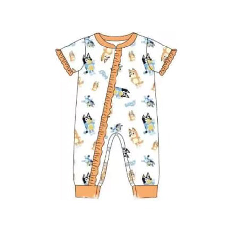 (Pre-order)SR1667  Orange Cartoon Dog Print Baby Girls Summer Zipper Romper